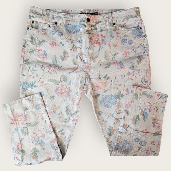 Lauren Ralph Lauren Premier Ankle Skinny Beige Floral Print Denim Jeans Size 16 - Picture 1 of 6